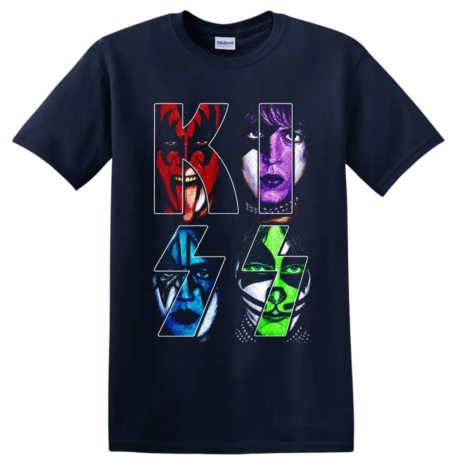 KISS rock band graphic with four colorful face-painted portraits on a Navy (Blue) T Shirt
