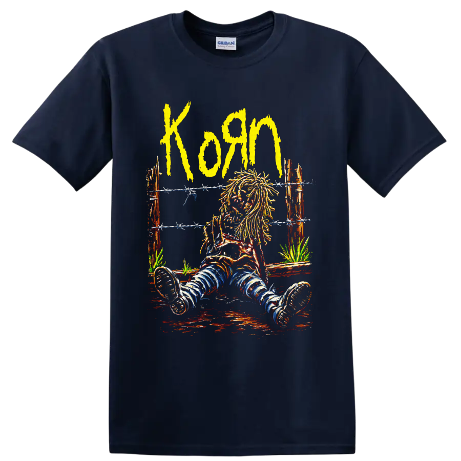 Korn yellow wordmark and seated long-haired figure behind barbed wire on a Navy (Blue) T Shirt