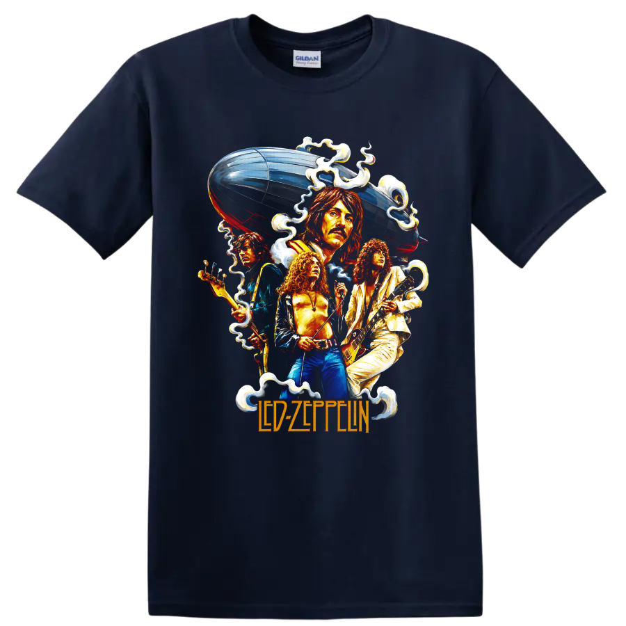 Led Zeppelin musicians with guitars, airship, and vintage rock graphic on a Navy (Blue) T Shirt