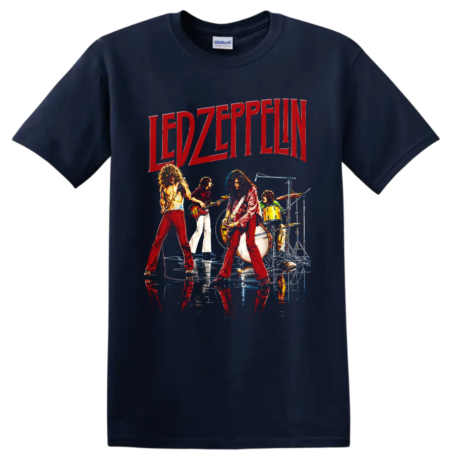 Led Zeppelin live concert graphic with red lettering and four musicians on a Navy (Blue) T Shirt