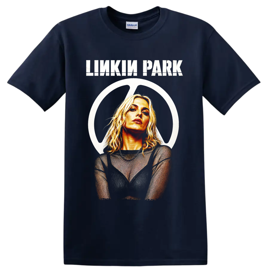 Linkin Park portrait graphic with distressed lettering and circular emblem on a Navy (Blue) T Shirt