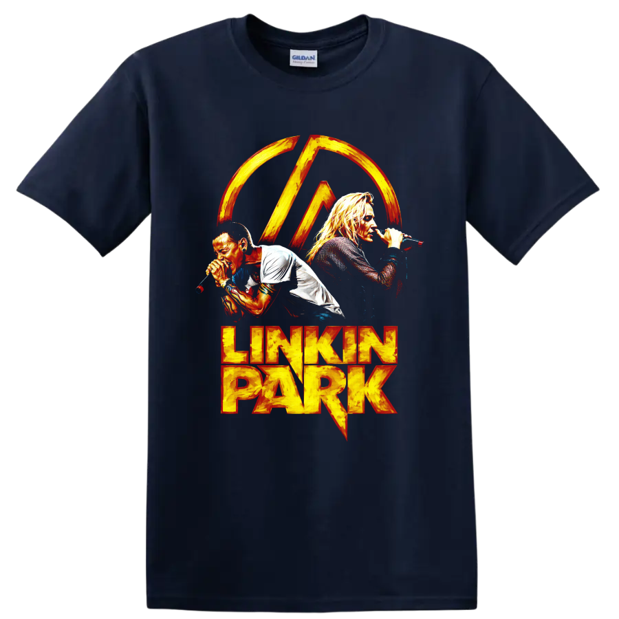 Linkin Park vocalist graphic print with fiery logo and lettering on a Navy (Blue) T Shirt