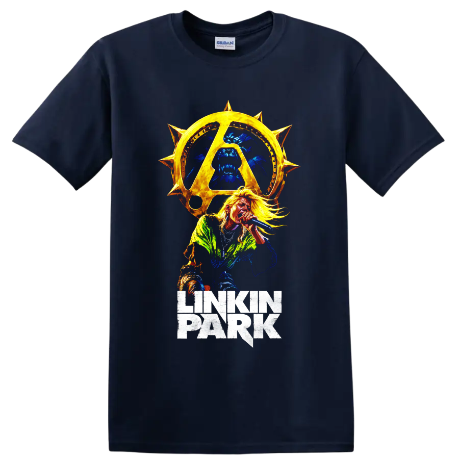 Linkin Park vocalist with golden spiked sun emblem graphic on a Navy (Blue) T Shirt