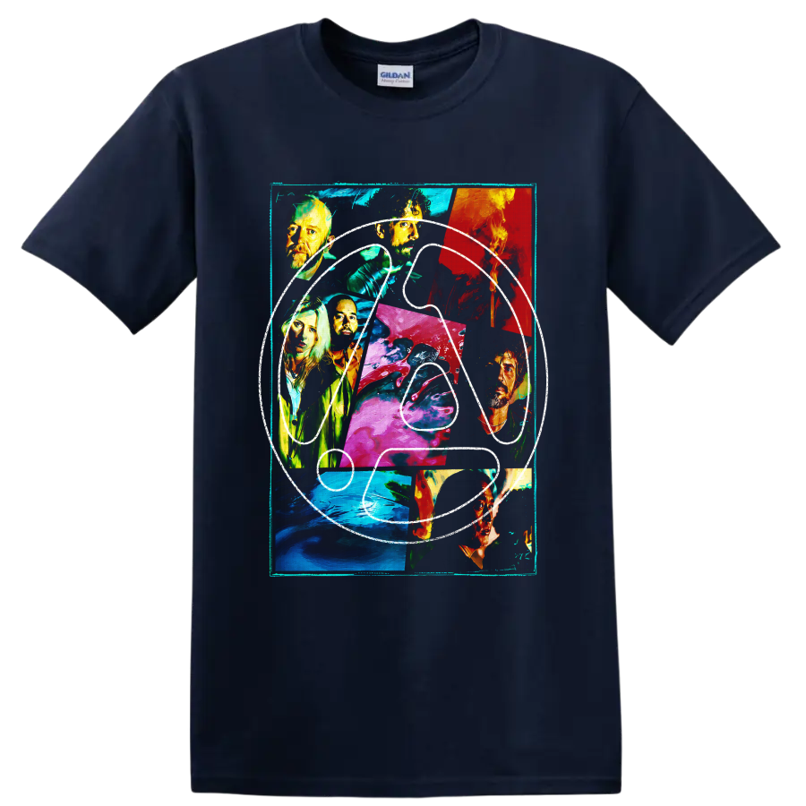 Linkin Park abstract portrait collage with colorful painted panels on a Navy (Blue) T Shirt