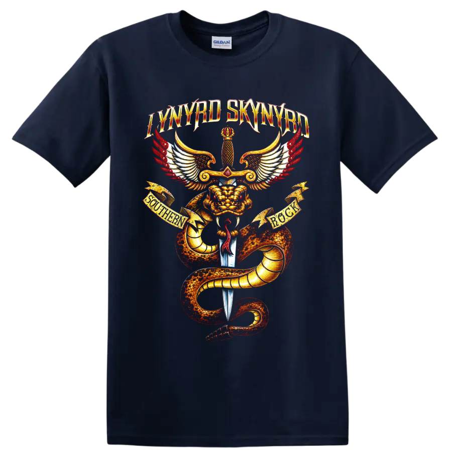 Lynyrd Skynyrd dragon, sword, and wings southern rock graphic on a Navy (Blue) T Shirt