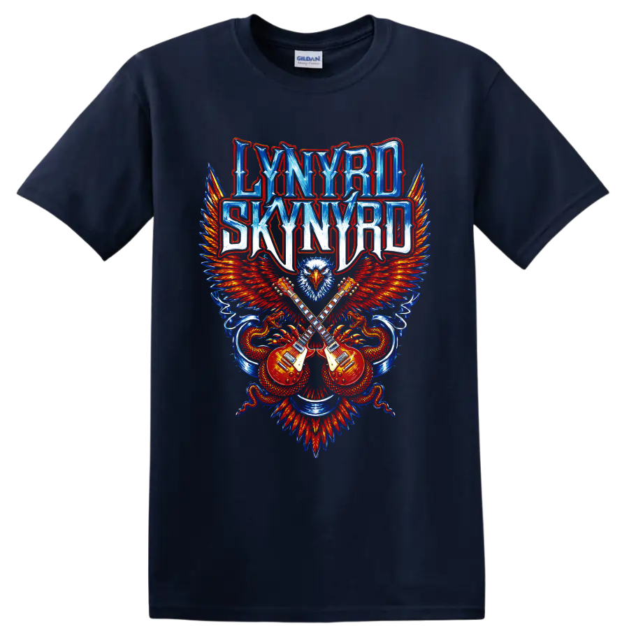 Lynyrd Skynyrd eagle and crossed guitars rock graphic on a Navy (Blue) T Shirt