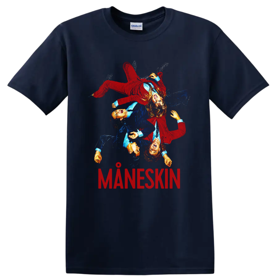 Måneskin rock band graphic with four performers and MANESKIN text on a Navy (Blue) T Shirt