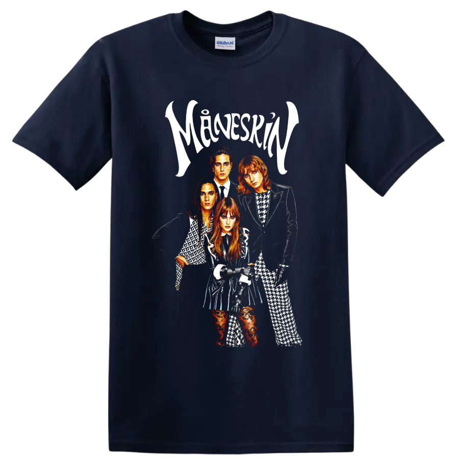Måneskin glam rock band portrait with white logo lettering on a Navy (Blue) T Shirt