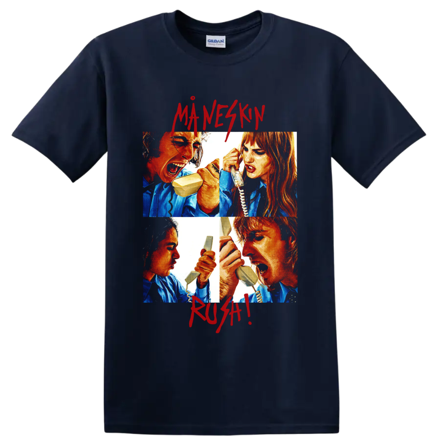 Måneskin telephone fight graphic with bold red lettering on a Navy (Blue) T Shirt