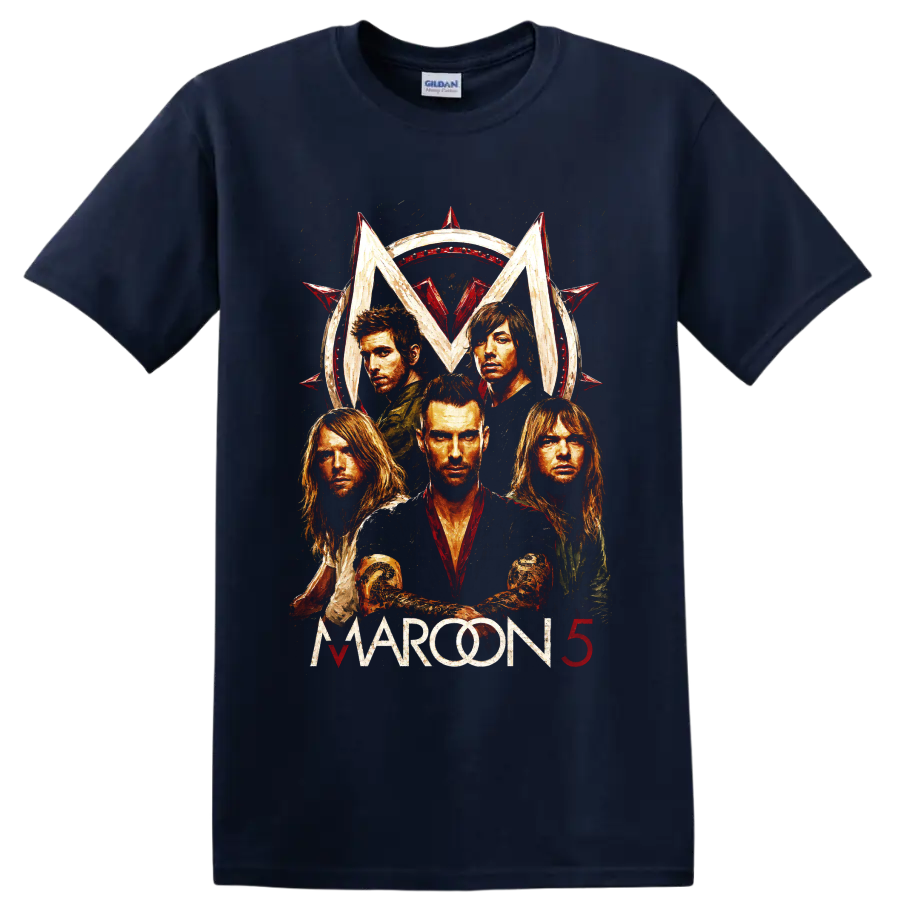 Maroon 5 distressed rock band portrait with red star emblem on a Navy (Blue) T Shirt