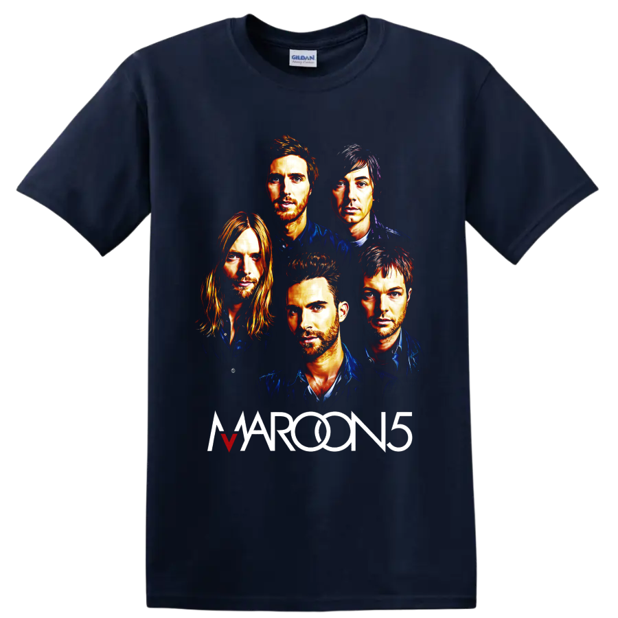Maroon 5 five-member portrait graphic with bold band lettering on a Navy (Blue) T Shirt