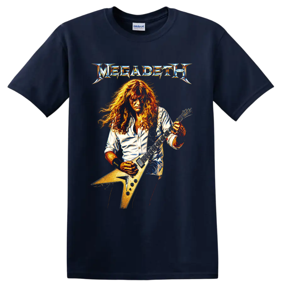 Megadeth guitarist playing an angular electric guitar with metallic logo on a Navy (Blue) T Shirt