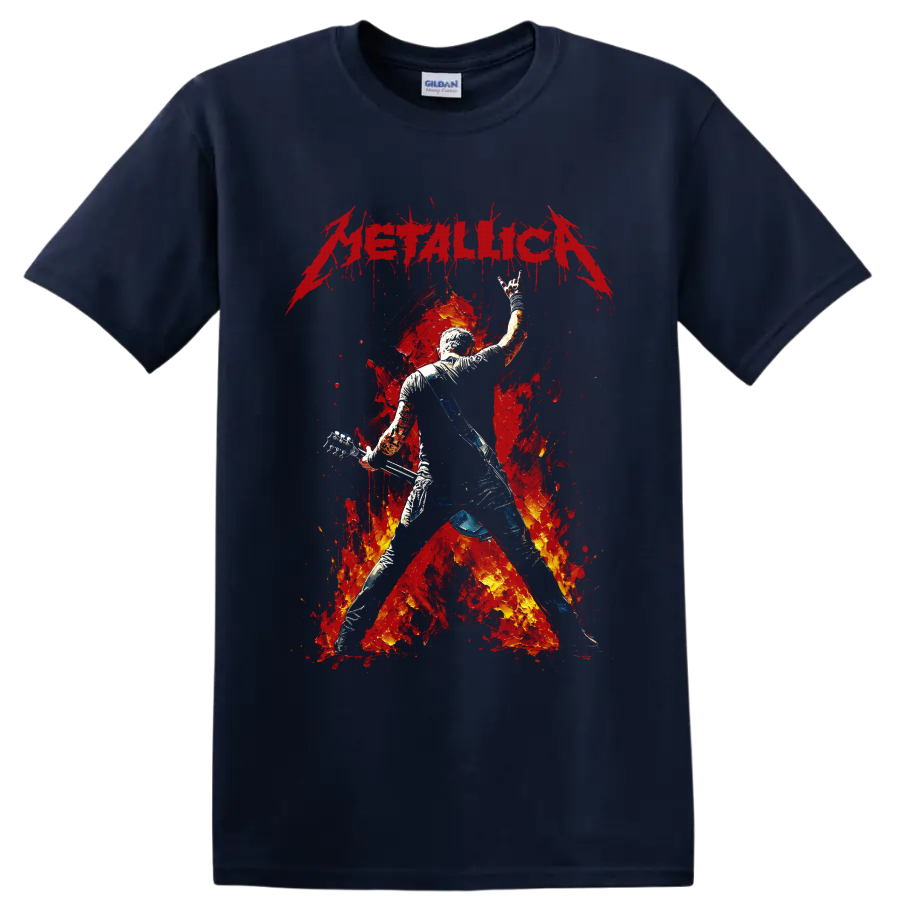 Metallica guitarist graphic with fiery red splatter and distressed logo on a Navy (Blue) T Shirt