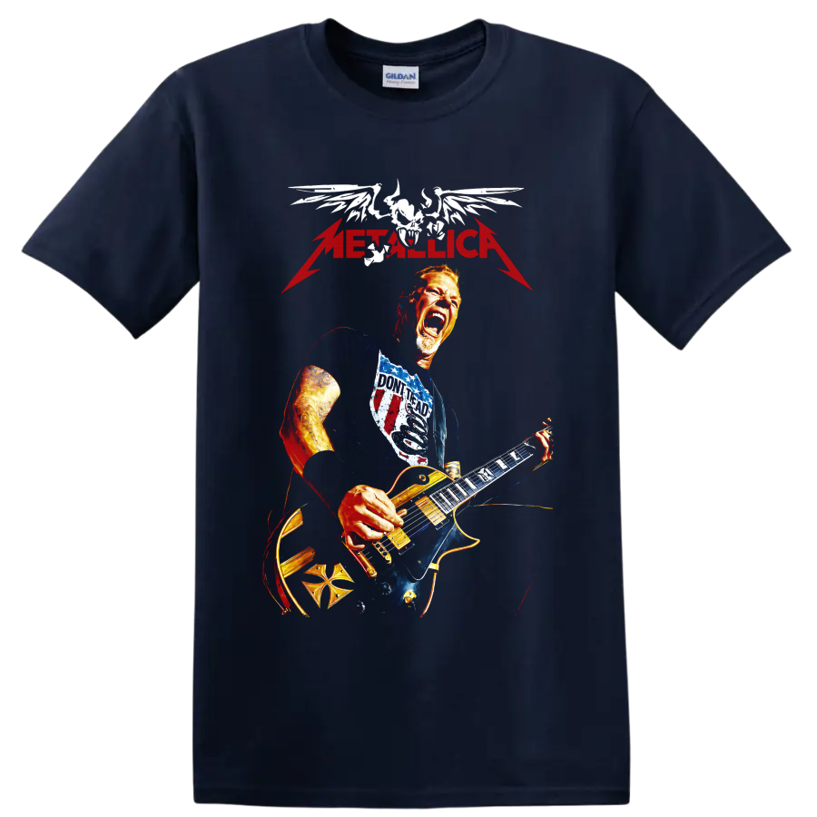 Metallica guitarist with winged skull and lightning graphic on a Navy (Blue) T Shirt