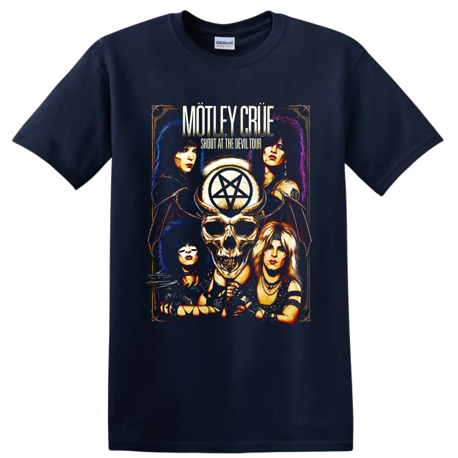 Mötley Crüe skull pentagram glam metal poster graphic on a Navy (Blue) T Shirt