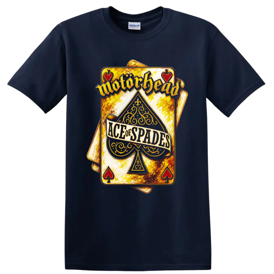 Motorhead Ace of Spades ornate vintage playing card graphic on a Navy (Blue) T Shirt