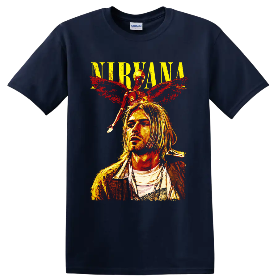 Nirvana Kurt Cobain portrait with angel wings in distressed grunge art on a Navy (Blue) T Shirt