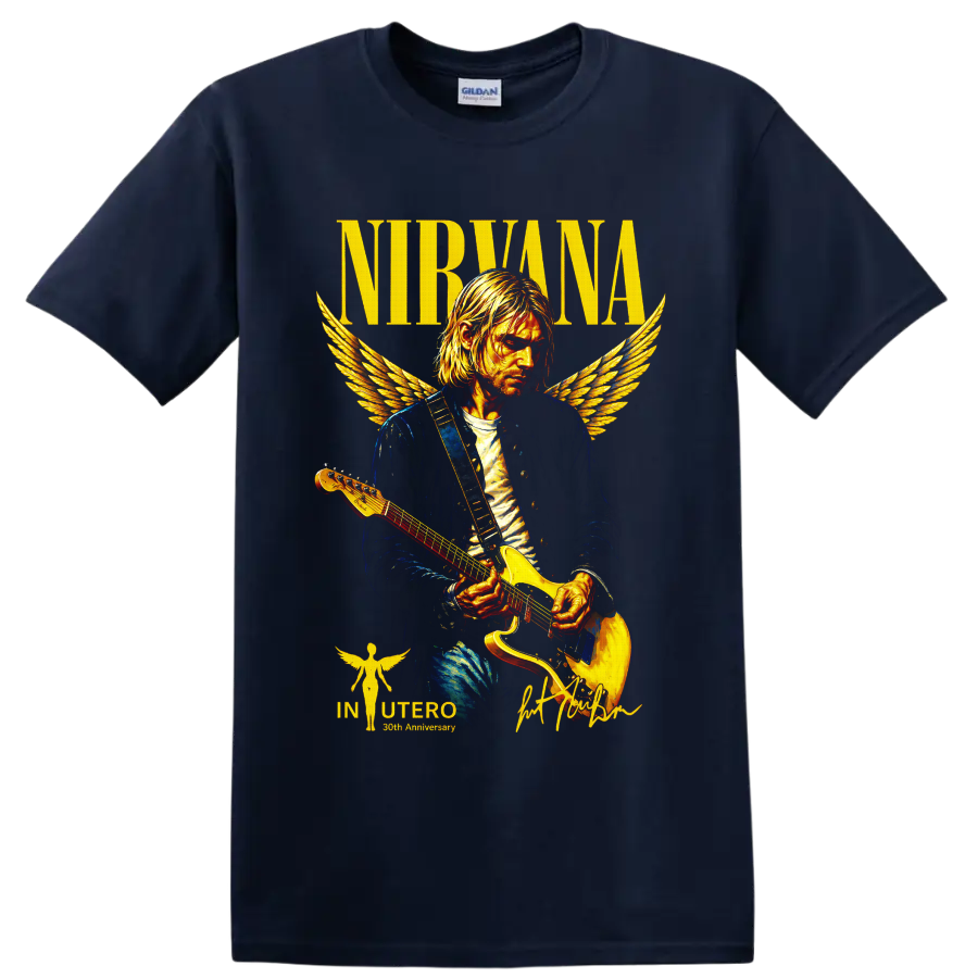 Nirvana Kurt Cobain angel-winged guitarist graphic with NIRVANA text on a Navy (Blue) T Shirt