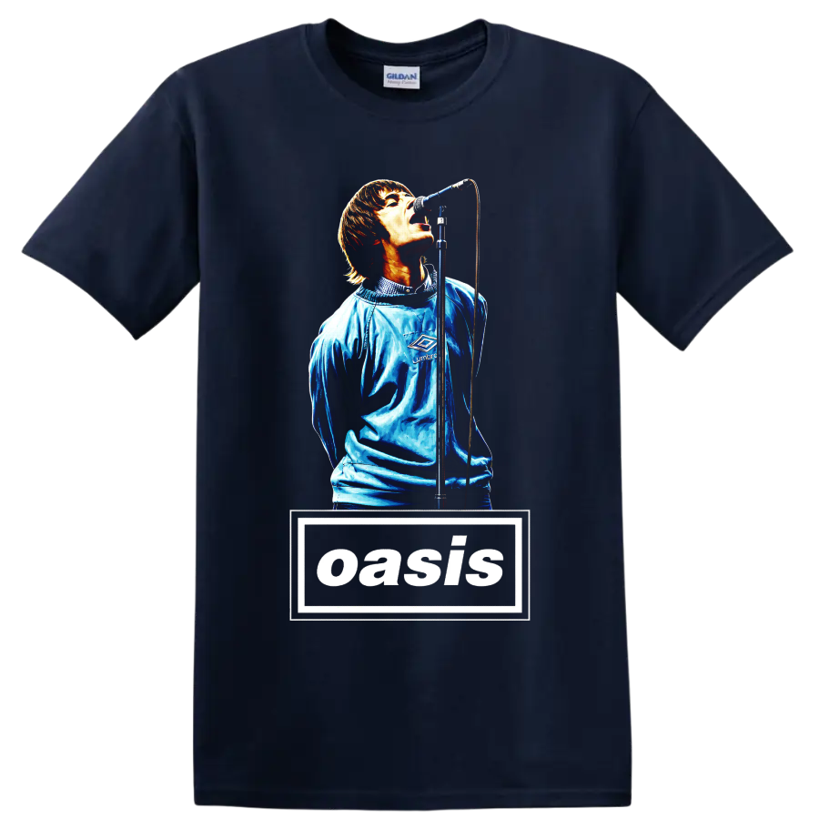 Oasis rock band graphic with singer at microphone and bold wordmark on a Navy (Blue) T Shirt
