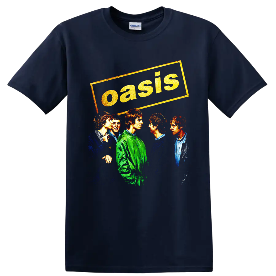 Oasis rock band vintage five-member portrait graphic with distressed lettering on a Navy (Blue) T Shirt