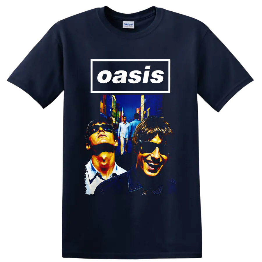 Oasis Britpop band portrait collage with bold street art style on a Navy (Blue) T Shirt