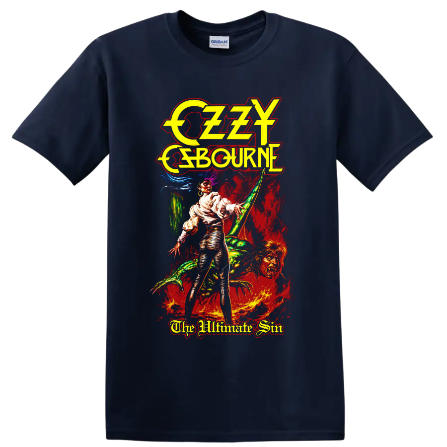 Ozzy Osbourne The Ultimate Sin fantasy horror rock graphic on a Navy (Blue) T Shirt