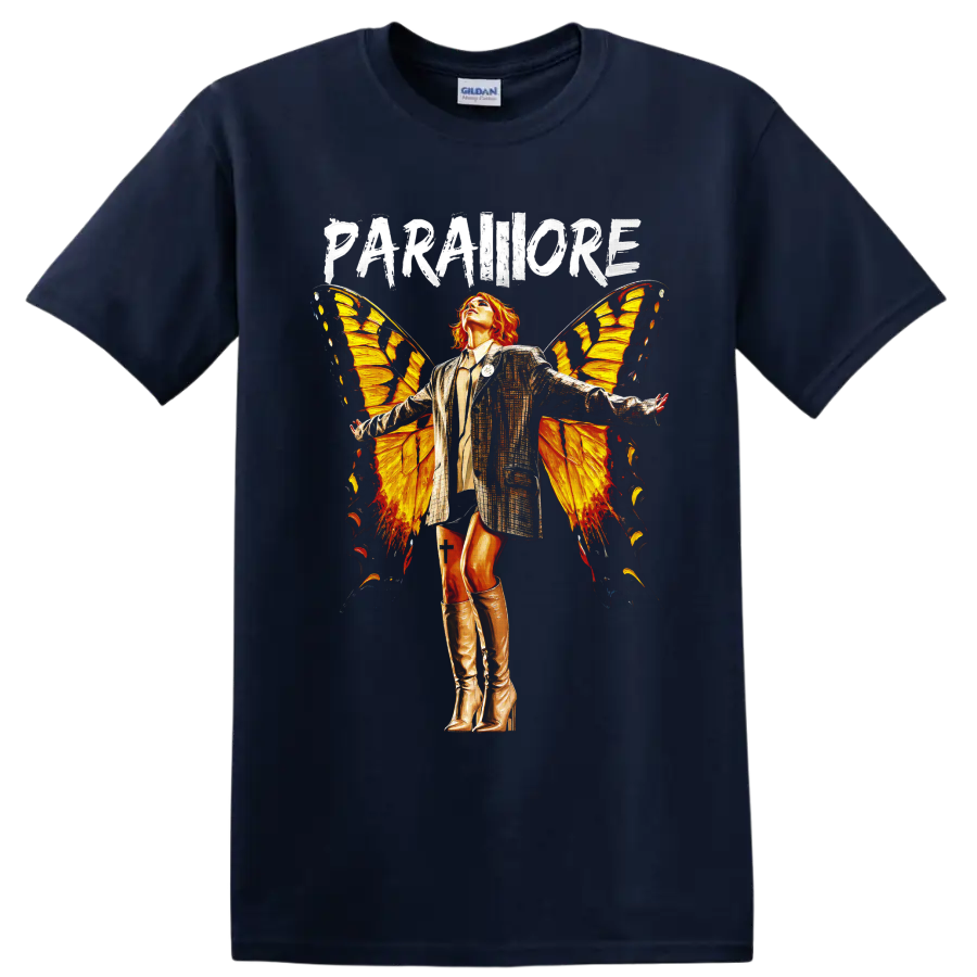Paramore butterfly wings graphic with distressed PARAMORE lettering on a Navy (Blue) T Shirt
