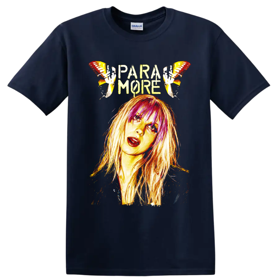Paramore portrait graphic with pink-highlighted hair and electric guitars on a Navy (Blue) T Shirt