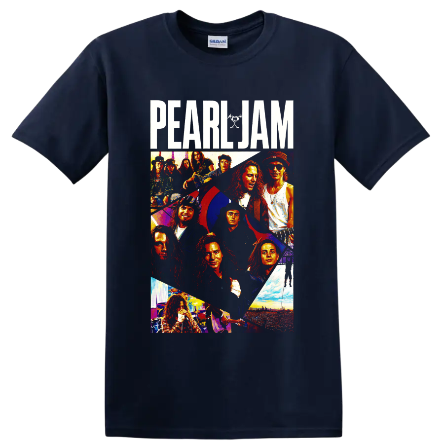 Pearl Jam rock band collage with performer portraits and concert scenes on a Navy (Blue) T Shirt