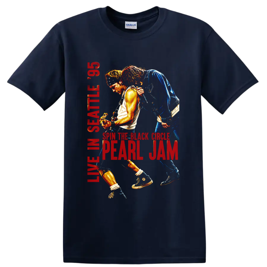 Pearl Jam live Seattle 93 guitarist concert graphic with red lettering on a Navy (Blue) T Shirt