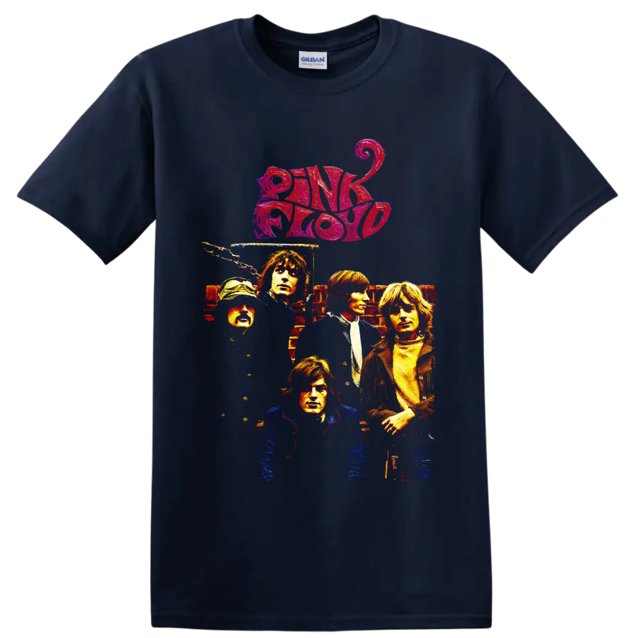 Pink Floyd portrait collage with bold retro logo and rock-poster styling on a Navy (Blue) T Shirt
