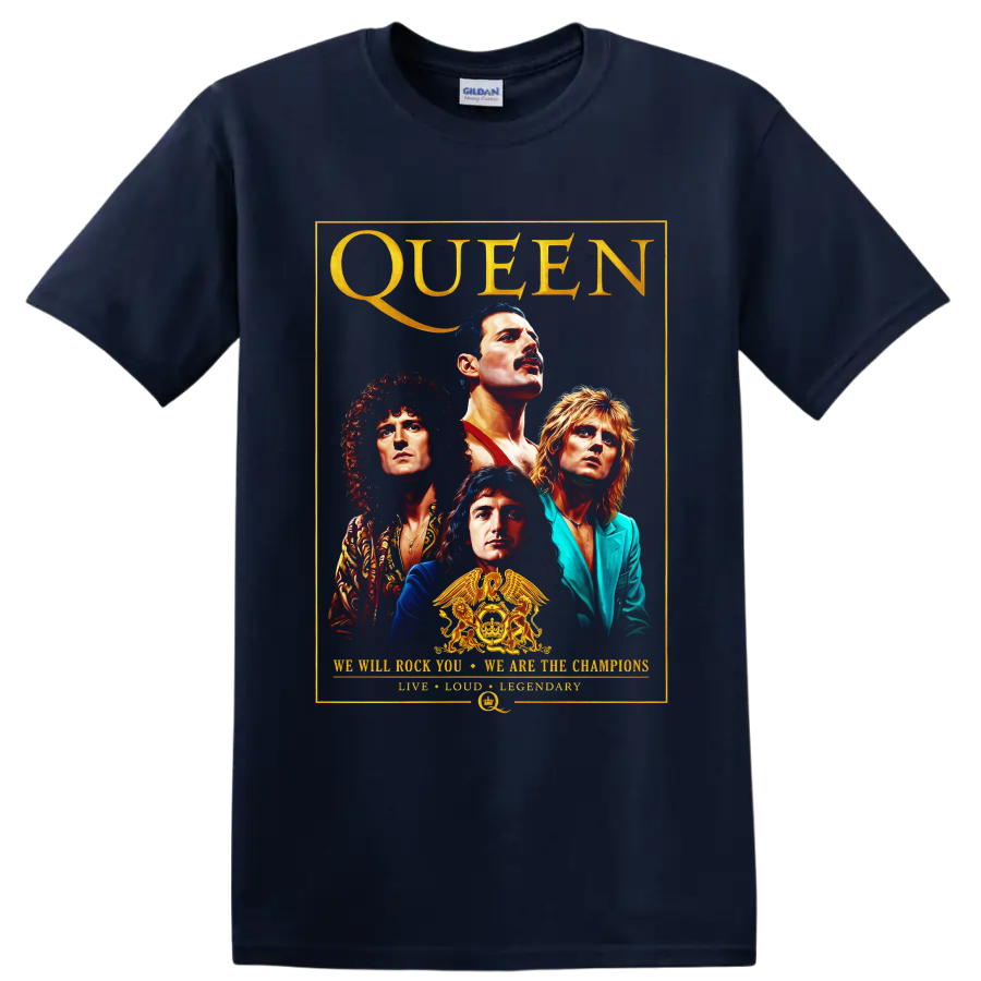 Queen rock band portrait graphic with gold crest and vintage poster border on a Navy (Blue) T Shirt