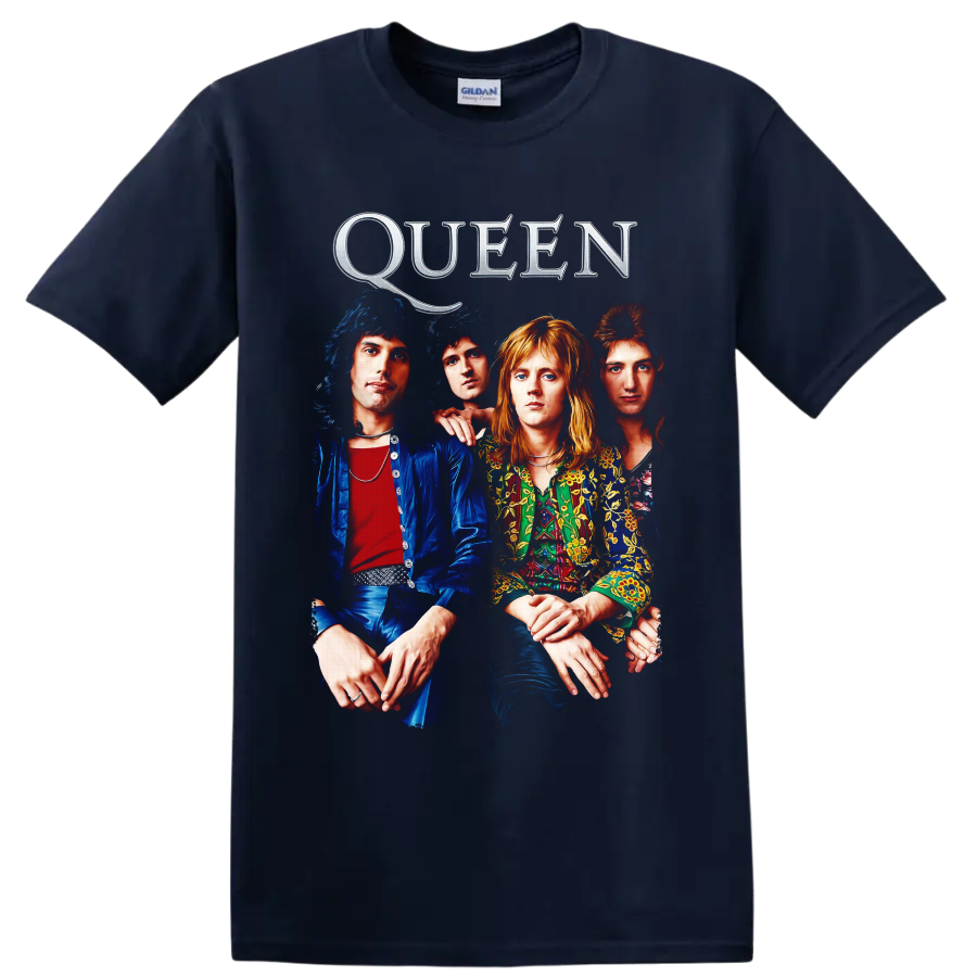 Queen classic rock band portrait with metallic QUEEN lettering on a Navy (Blue) T Shirt