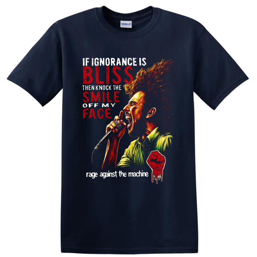 Rage Against the Machine protest rock singer microphone graphic with raised fist on a Navy (Blue) T Shirt