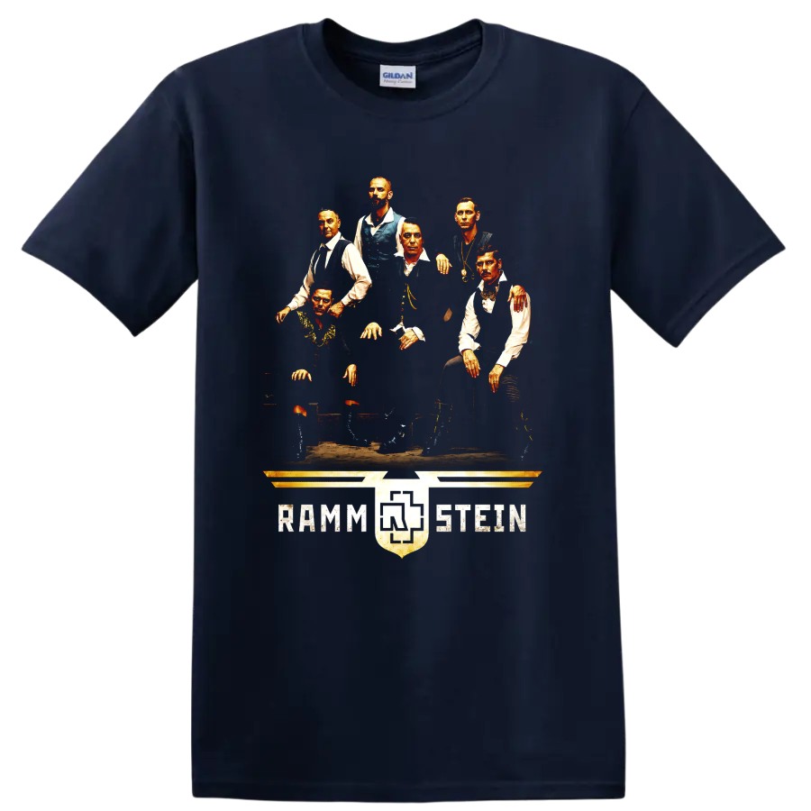 Rammstein band portrait graphic with six figures and distressed emblem on a Navy (Blue) T Shirt