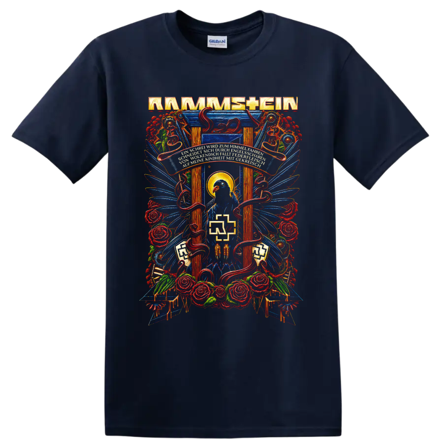 Rammstein gothic raven, roses, serpents, and blue wings graphic print on a Navy (Blue) T Shirt