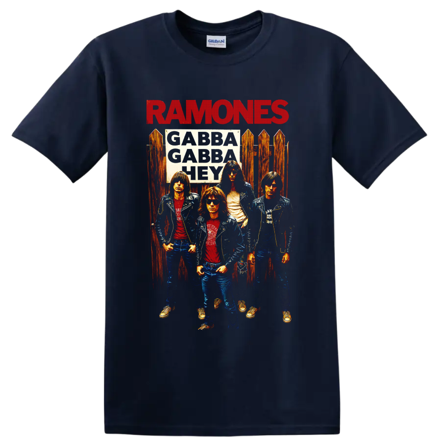Ramones punk rock band portrait with bold red lettering and vintage distressed style on a Navy (Blue) T Shirt