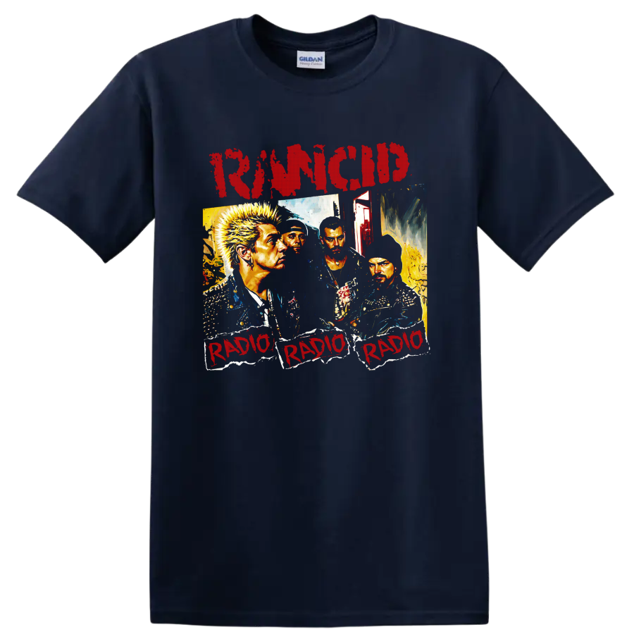 Rancid distressed punk rock collage with four musician portraits on a Navy (Blue) T Shirt
