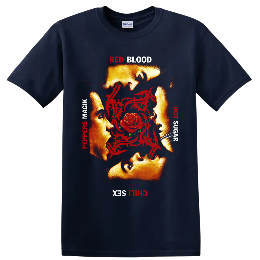 Red Hot Chili Peppers rose and ornamental rock band graphic on a Navy (Blue) T Shirt