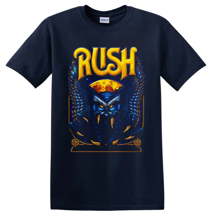 Rush owl graphic with blue wings, orange moon, and ornate fantasy artwork on a Navy (Blue) T Shirt