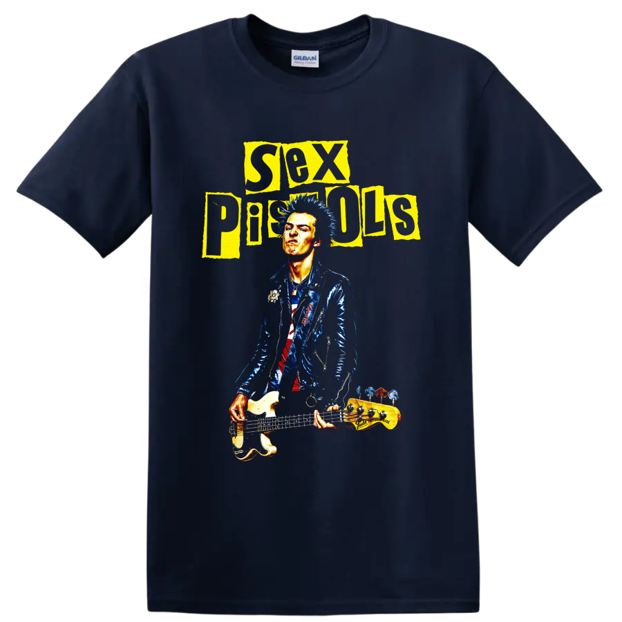 Sex Pistols punk rock bassist graphic with distressed yellow lettering on a Navy (Blue) T Shirt