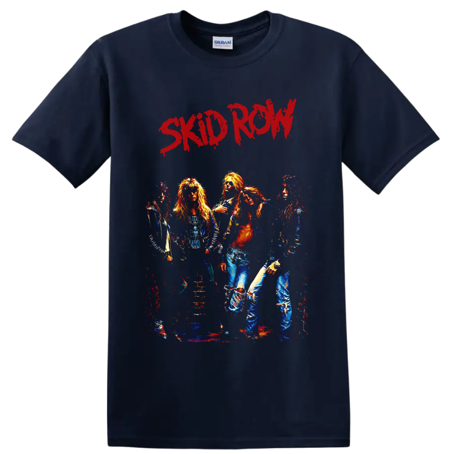 Skid Row glam metal band portrait with distressed red lettering on a Navy (Blue) T Shirt