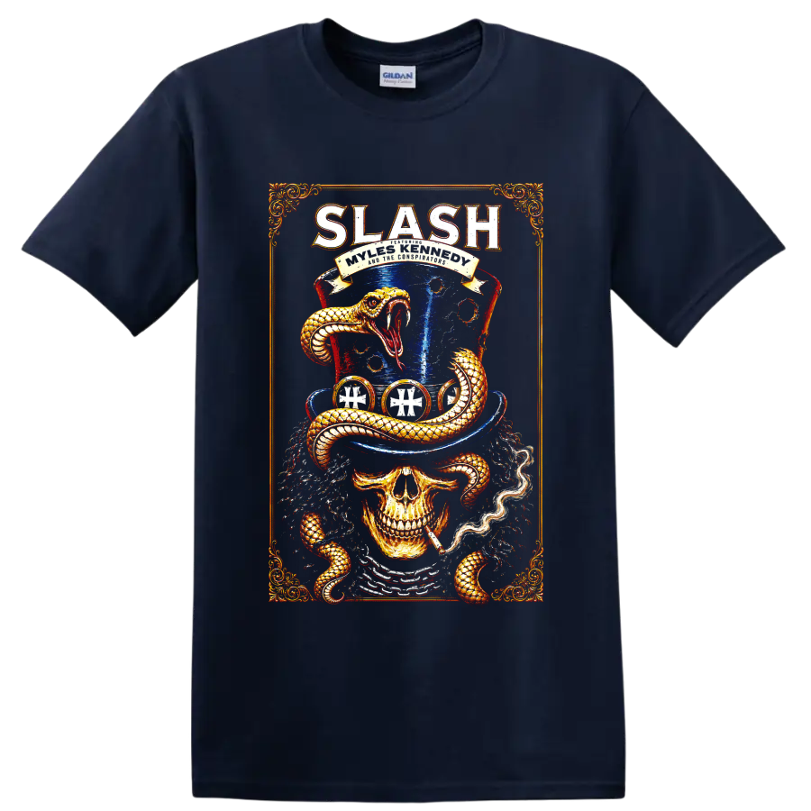Slash skull and coiled snake rock graphic with blue top hat on a Navy (Blue) T Shirt