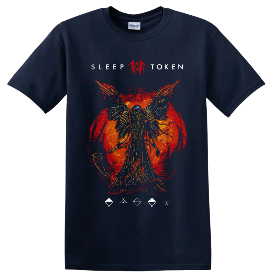 Sleep Token winged figure red grunge graphic with distressed artwork on a Navy (Blue) T Shirt