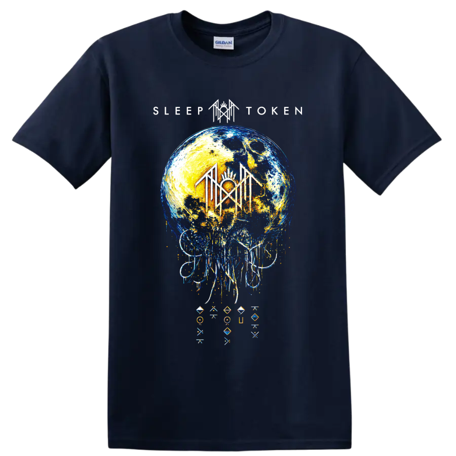Sleep Token cosmic moon ritual graphic with dripping abstract details on a Navy (Blue) T Shirt