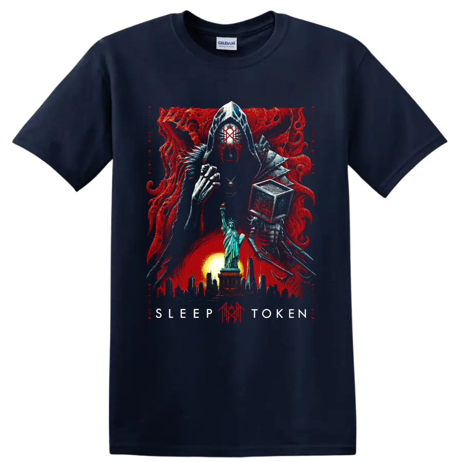 Sleep Token gothic horror masked figure with Statue of Liberty and red art on a Navy (Blue) T Shirt