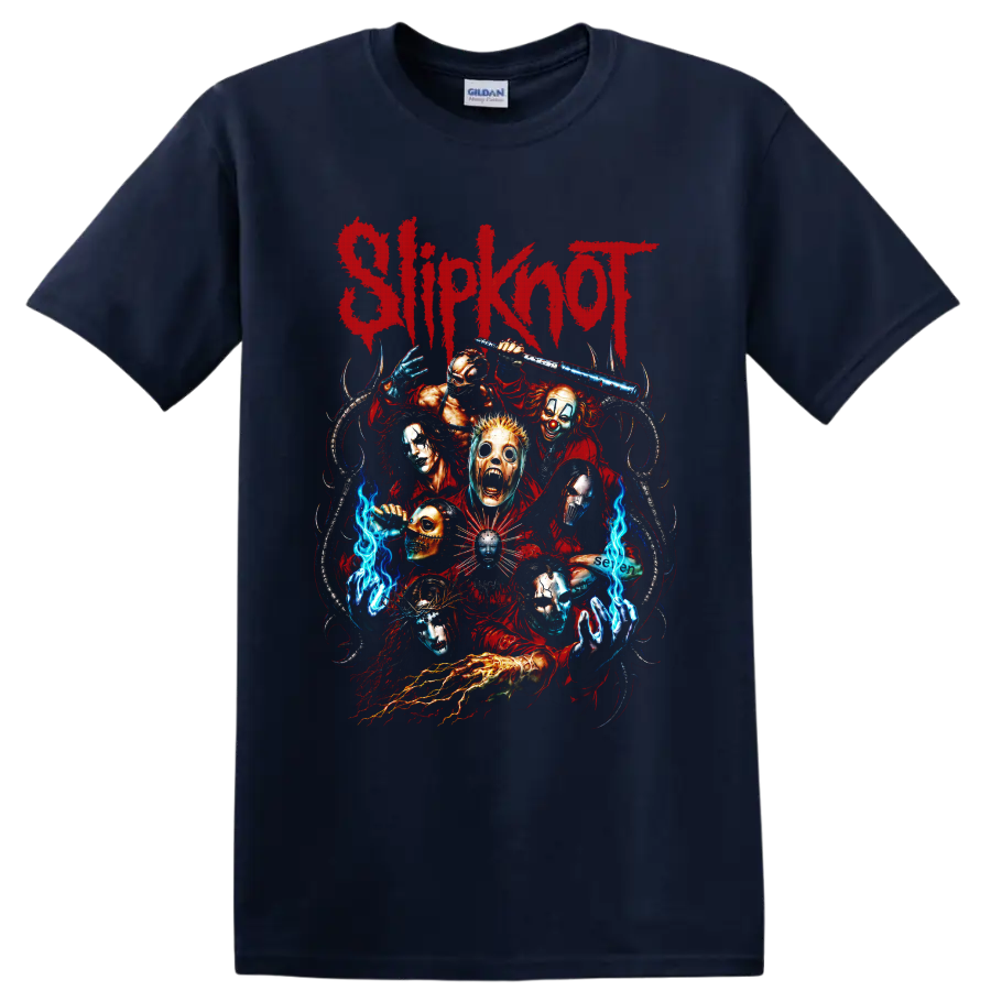Slipknot distressed red logo with masked horror figures and blue flames on a Navy (Blue) T Shirt