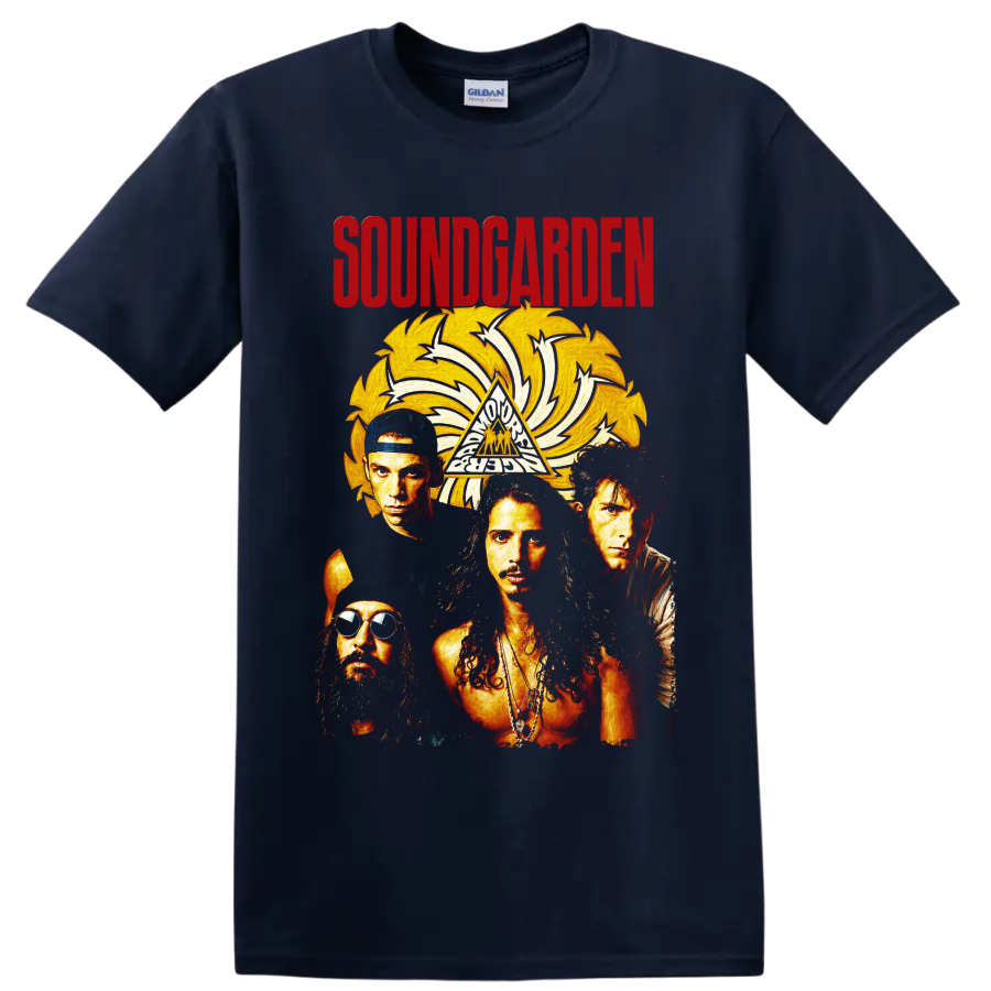 Soundgarden rock band portrait with golden sunburst and distressed lettering on a Navy (Blue) T Shirt