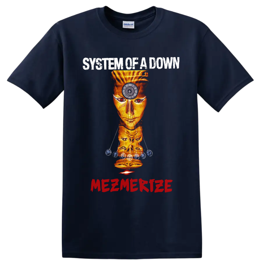 System of a Down Mezmerize surreal orange face graphic with clock on a Navy (Blue) T Shirt
