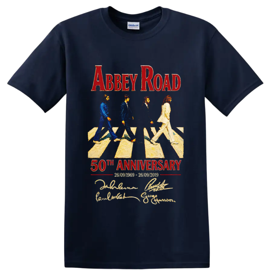 The Beatles Abbey Road 50th Anniversary crossing graphic with red lettering on a Navy (Blue) T Shirt